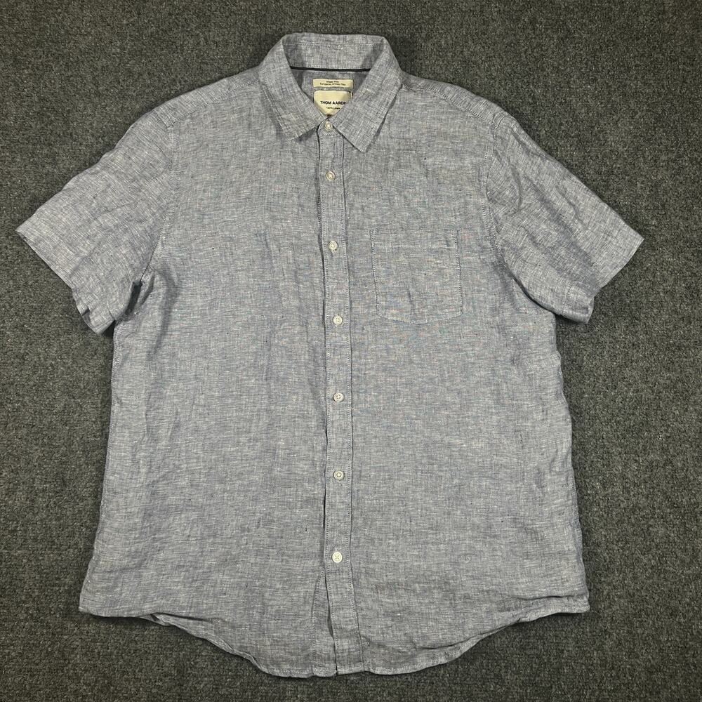 Thom Aaron Mens Large Blue 100% Linen Short Sleeve Button Down Shirt
